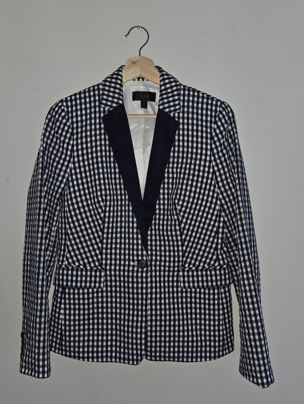 J.Crew Navy White Gingham Seersucker Blazer 6 Coastal Preppy Nautical Blue Prep